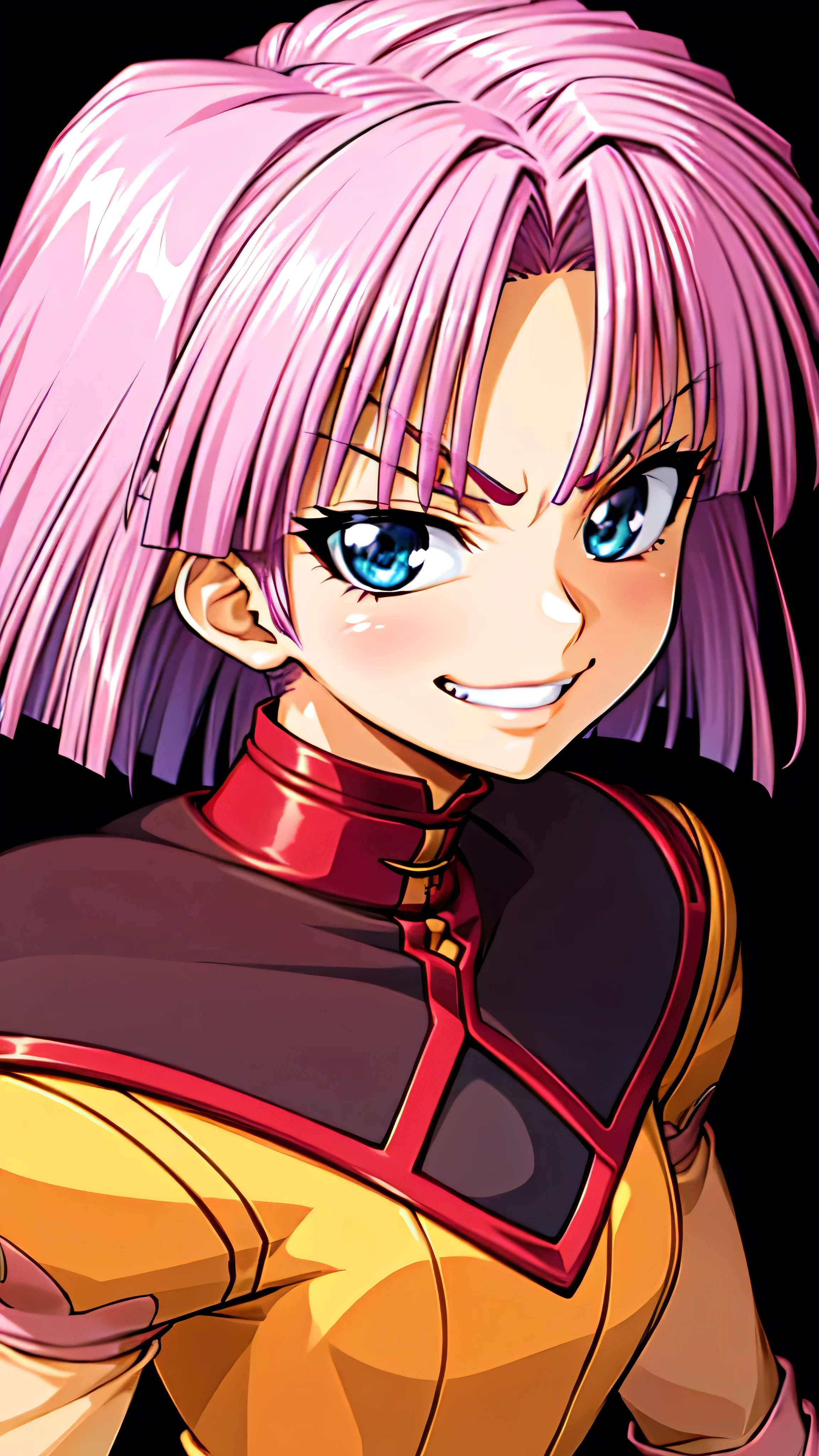 (best_quality 4K, 8K, High resolution, Masterpiece: 1.2), ultra detailed),from_below,(anime_screencap),(1girl,solo),dynamic_angle,too evil_smile,too evil laugh at,tis,deep shaded_face,too sadistic smile,smile worst,,bob short hair,,,looking at viewer,upper body,black background,too worst smile,too bad smile,too evil smirk,,too sadistic smirk,