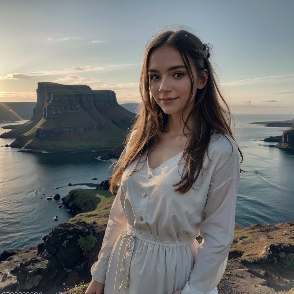RAW, photograph,((best quality)), ((masterpiece)), ((realistic)), gorgeous icelandic woman, icelandic woman with all her features and characteristics, standing upright on the edge of a cliff, with a stunning view of a icelandic fjord below, (she’s wearing typical icelandic clothing), in the sunset light, smiling, innocent, (freckles:0.6), intricate details, highly detailed, sharp focus, professional, 4k, god rays, delicate, innocent, highres, detailed facial features, high detail, sharp focus, smooth, aesthetic, extremely detailed, photo_\(ultra\), photorealistic, realistic, post-processing, max detail, roughness, real life, ultra realistic, photorealism, photography, 8k uhd, photography, SEMI-SILHOUETTE light, instagram, viral instragram photo