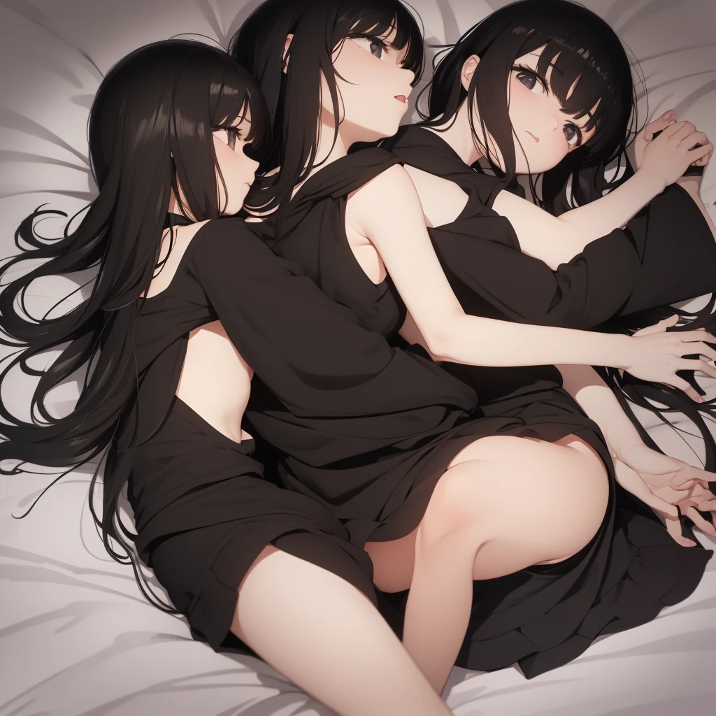 Black haired girl, , small girl, on a bed, in the dark room, midnight, dark, black eyes