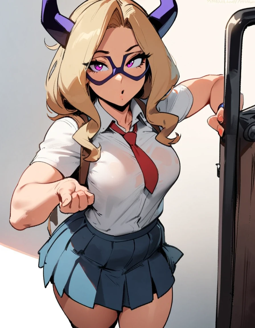 1girl, mount lady, boku no hero academia \\\\\ masterpiece, best quality, very aesthetic, absurdres, newest \\\\\\ sportive body,  \\\\\\  by dodok, nyantcha, cutesexyrobutts, by khyle ///// blonde, purple eyes,  (school uniform:1.2), skirt, , 24 years old, white background