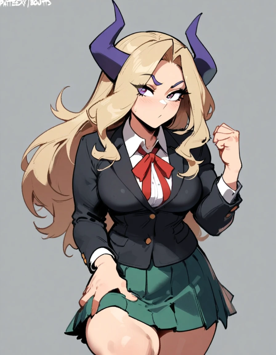 1girl, mount lady, boku no hero academia \\\\\ masterpiece, best quality, very aesthetic, absurdres, newest \\\\\\ sportive body, \\\\\\ by dodok, nyantcha, cutesexyrobutts, by khyle ///// blonde, purple eyes, (school uniform:1.2), skirt, , 24 years old, white background