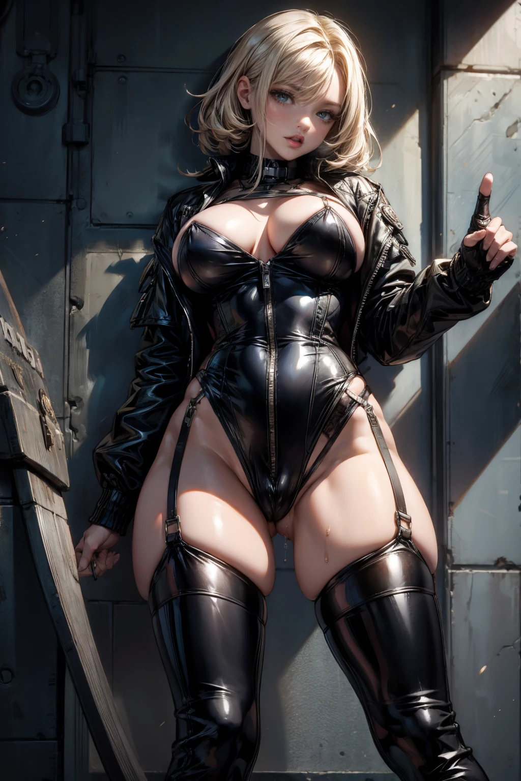 Browsing Caution 、Big Breasts、Patent leather cupless bra、Erect nipples、Patent leather thigh-high boots、High heels、leather jacket、Leather pants、Pussy love juice、Love juice drips down my thighs、Ahegao、((An erect penis pointing upwards is attached to the groin area.))、((A large amount of white mucus coming out of the tip of the penis)