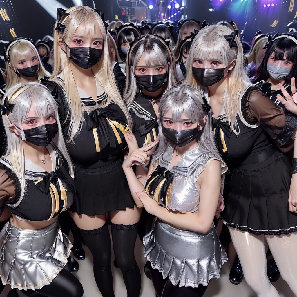 8K resolution, surreal, Super detailed, high quality, perfect anatomy, perfect proportion,
((((((A group photo of home at midnight, women only, most crowded indoor festival at night club, 7 girls, group photo)))))),
(((((jirai fashion, sailor collar, sailor uniform with many frills, Lace, black pleated skirt, black micro skirt, bow ribbon))))),
(((satin clothes, black clothes))),
((grin, smile, happy)), ((((wearing black face mask)))),
((((bright bleached hair, silver hair, gold hair))))+, (((super large breasposing,
(((shiny detailed oiled porcelain skin))),
(((black see-through tights))), looking at viewer, full body