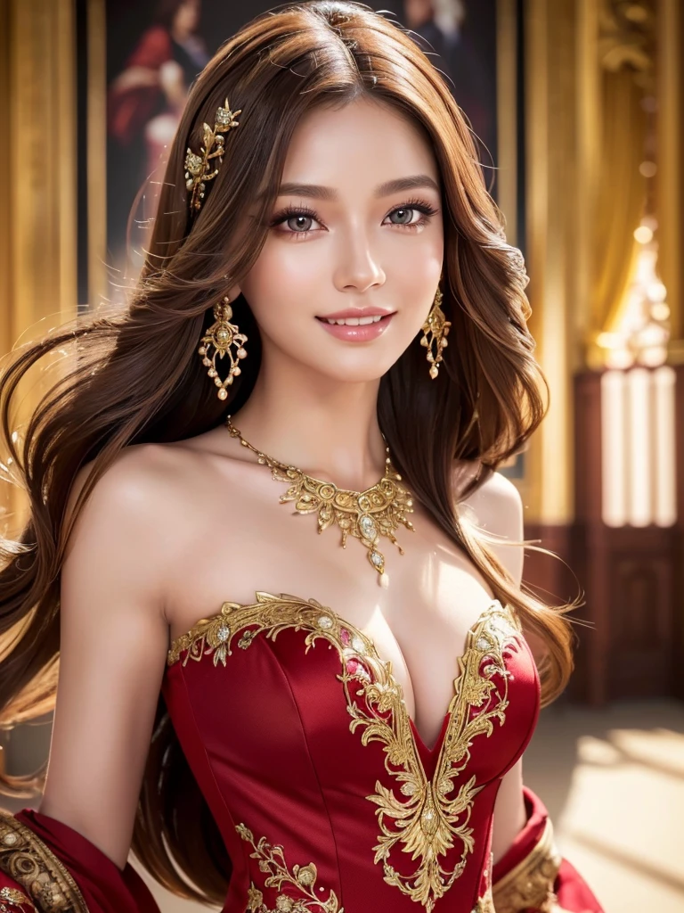 A beautiful woman, perfect figure, narrow waist, long chestnut hair, beautiful detailed eyes, long eyelashes, lustrous detailed lips, beautiful skin, beautiful smile, fashion model, attractive ornate clothing, cinematic scene, (best quality,4k,8k,highres,masterpiece:1.2),ultra-detailed,(realistic,photorealistic,photo-realistic:1.37),((dancing)),red dress
