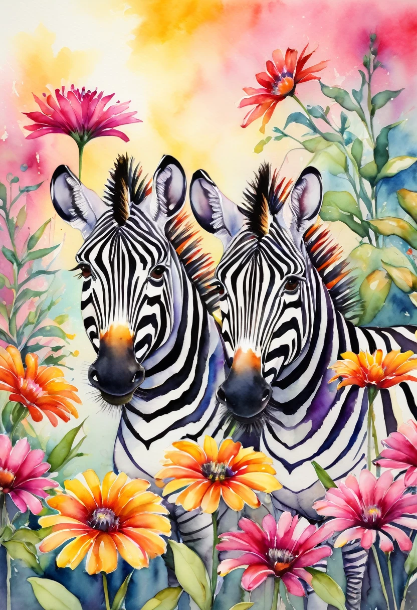 zebras are standing in a row with colorful flowers in the background, vibrant color painting, watercolor artwork of exotic, vibrant watercolor, by Zofia Stryjenska, watercolours, by Elizabeth Charleston,