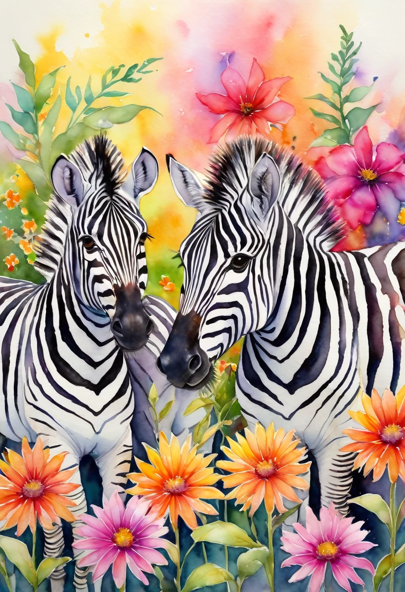 zebras are standing in a row with colorful flowers in the background, vibrant color painting, watercolor artwork of exotic, vibrant watercolor, by Zofia Stryjenska, watercolours, by Elizabeth Charleston,