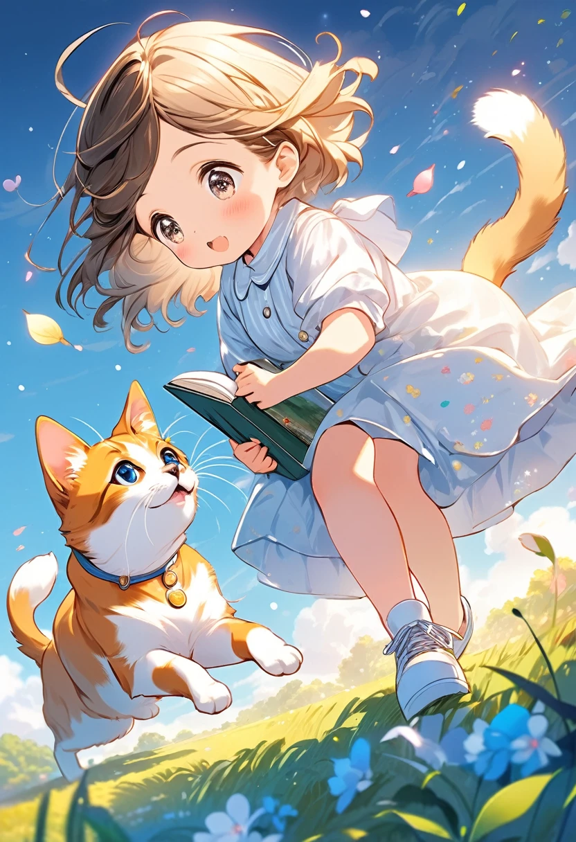 best quality, very good, 16K, Ridiculous, Extremely detailed, 2.5D, Delicate and dynamic depiction, dog, Cat and girl playing together, Cute picture book illustration style, Soft and vivid color effects