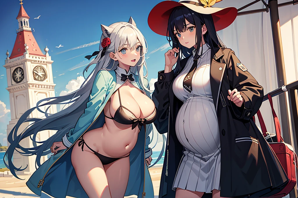 2 Girls,seaside,Long hair,Huge breasts,pregnant,Coat