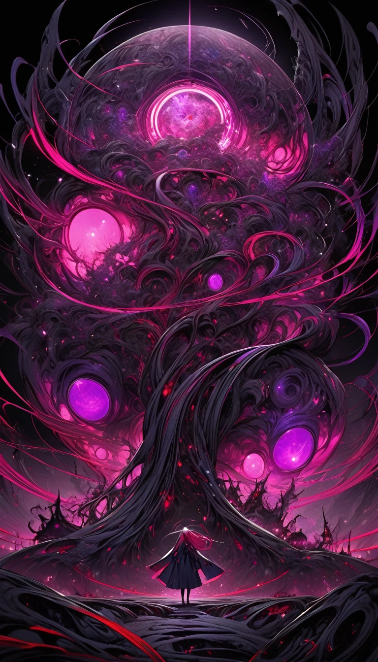 best quality, super fine, 16k, incredibly absurdres, extremely detailed, 2.5D, delicate and dynamic depiction, dark world, hot pink lines, purple lines, red lines, other world, other space, dark dark fantasy, scary effects