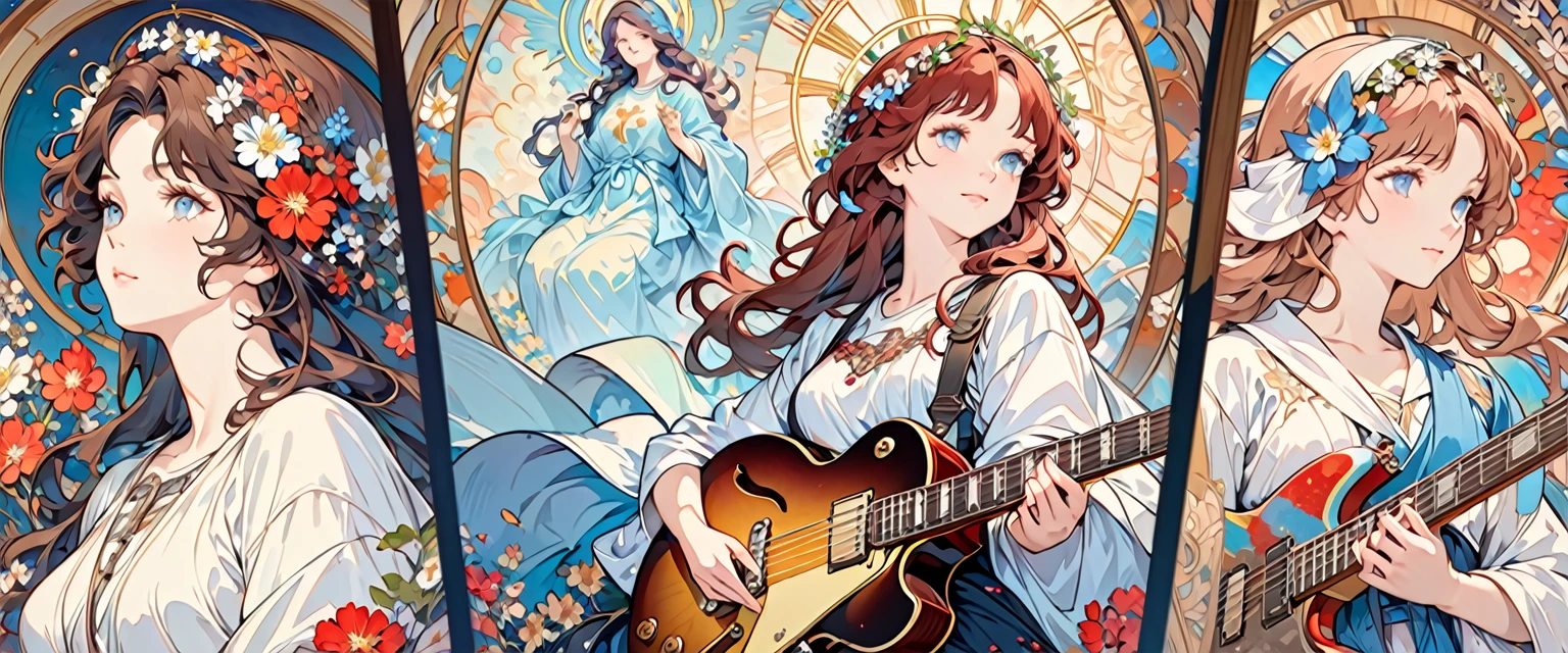 portrait of a electric guitar,Gibson,the virgin mary, long hair, floral frame, Decorative panels, abstract artistic, by Alphonse Mucha (Masterpiece, Best Quality, Highres:1.4), Detailed, Intricate Details, 4K, color splashes, line art, fibonacci,