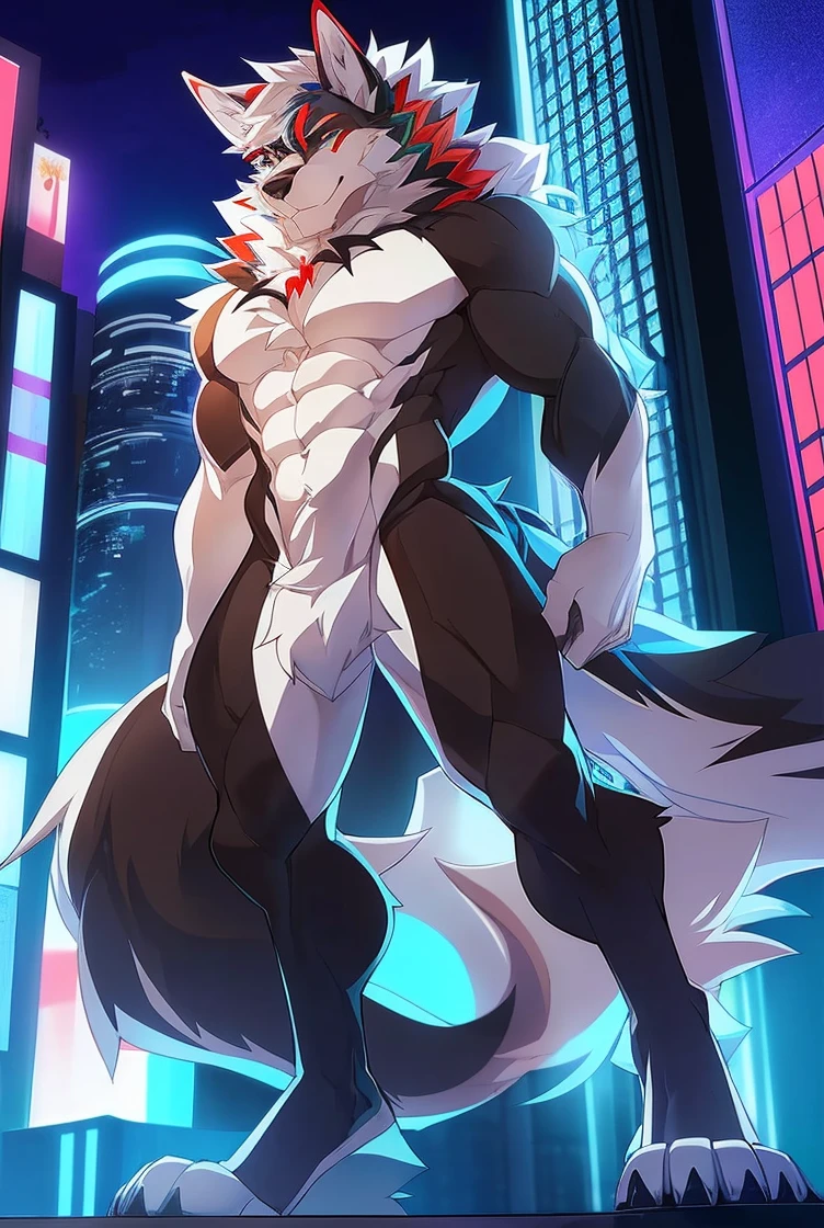 ((Solo)), male people, anthro wolf, (Multi-colored fur, White tail pointed), (Height 3meters,Tail length 2meters), Abs, pinginuscular, A long big tail, by patto, modern city