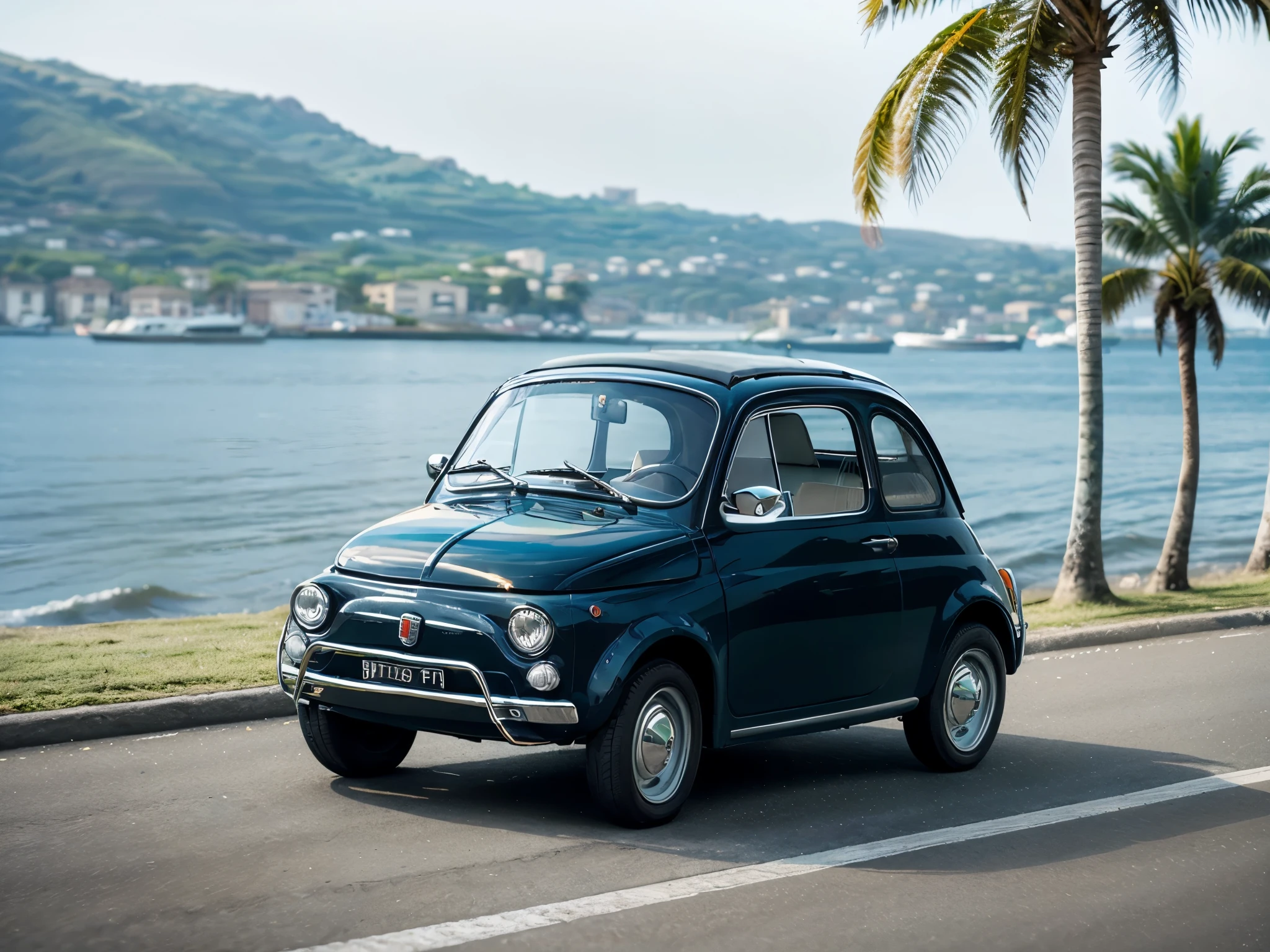 (FIAT500, classical old Italian Fiat 500 car), a woman sitting on top of a small green car on a sea road, palms in background, visible speed car running down. people cheering all around the car. 