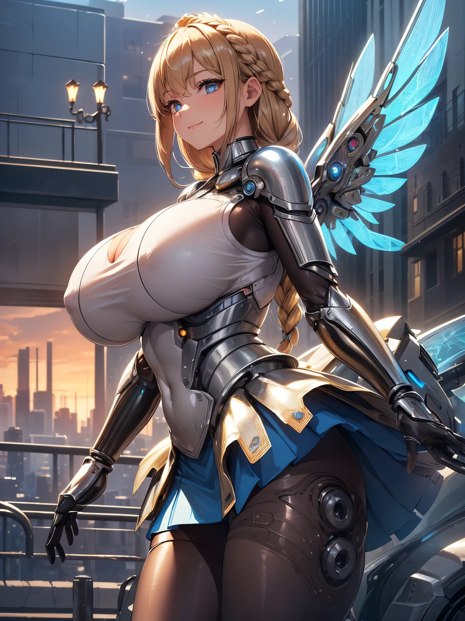(((best quality))), ((ultra-detailed)), (((masterpiece))), (illustration), ((an extremely delicate and beautiful)), ((super detail)), ((high resolution)), (((20 years old))), metallic cloth, (cheerleader), (android), ((mechanical wings)), delicate metal decorations, gleaming skin, shiny body, two legs, breast focus, (((tall))), slender legs, ((big round eyes)), cute eyes, drooping eyes, ((adult)), two hands, five fingers, no extra hands, elegant smile, braid, medium length hair, ((metallic blue)), (see-through), (dark blonde), (((ultra-huge breasts))), (shining brightly), outdoor, mini skirt, city, daytime, ((biopunk)),