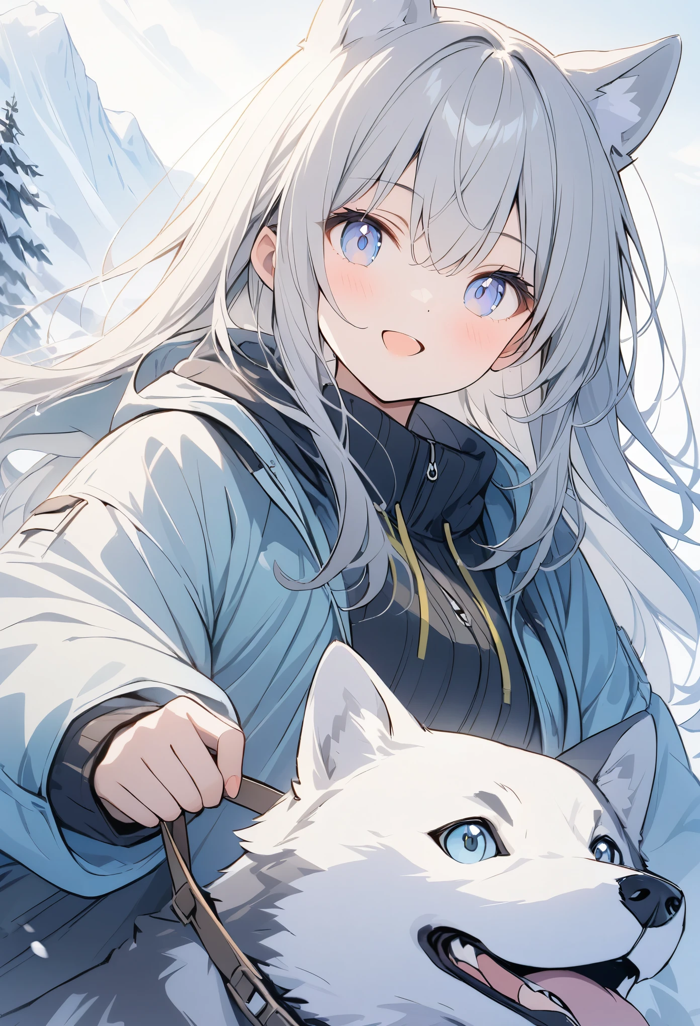 超High resolution, Attention to detail, high quality, High resolution, 最high quality, 4K, 8K, Awards、Absurd、Snow Mountain、Husky dog、Girl Dog Sledding、There is a snowstorm and visibility is poor.、Girl pulling a sled hard、Front view angle、A work with a positive vibe