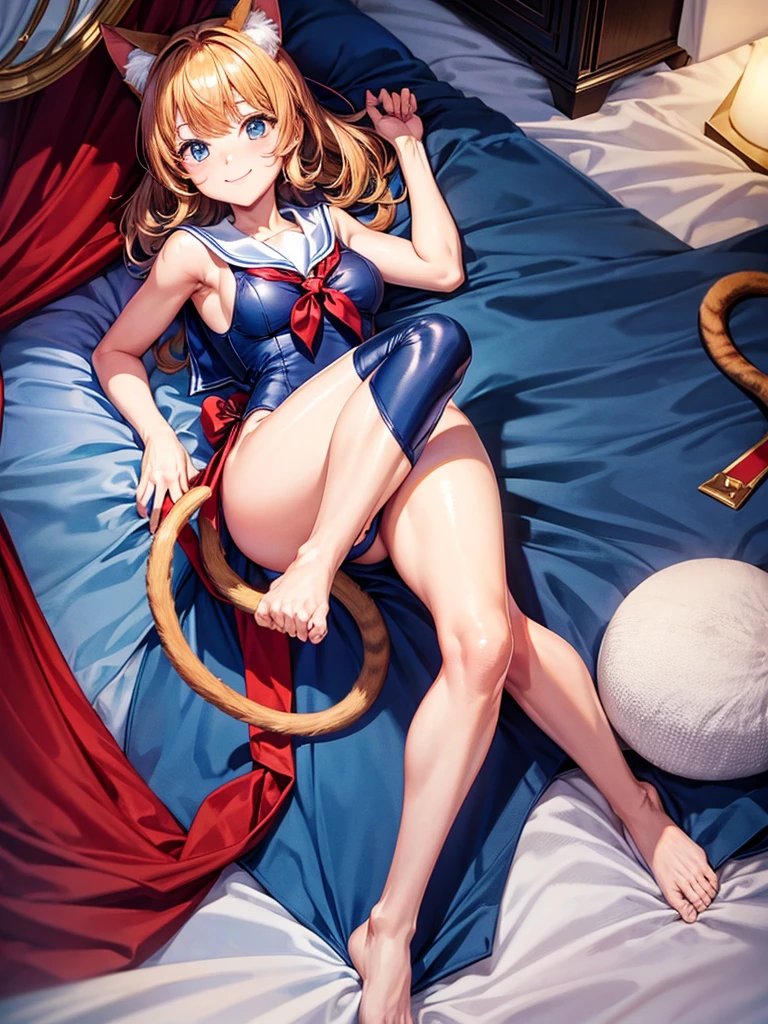 Highest quality,Highest Resolution,Sailor Leotard,High leg,smile,Bedroom,Red tie,Cat ears,Cat's Tail,