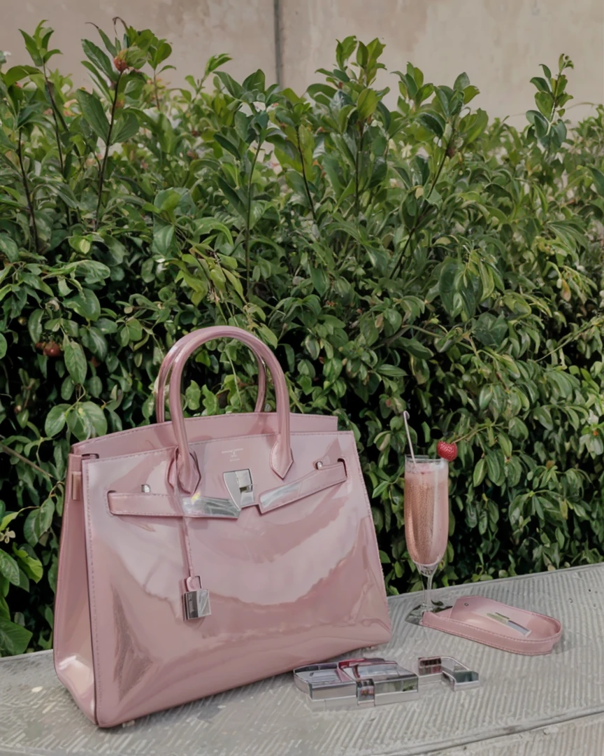 Real leaves , realistic leaves , hd , ysl lipgloss, chrome lipgloss, chrome silver , metal , real leather bag , Hermes bag , shiny phone , realistic pink champagne , realistic strawberry , ultra quality , 8k 