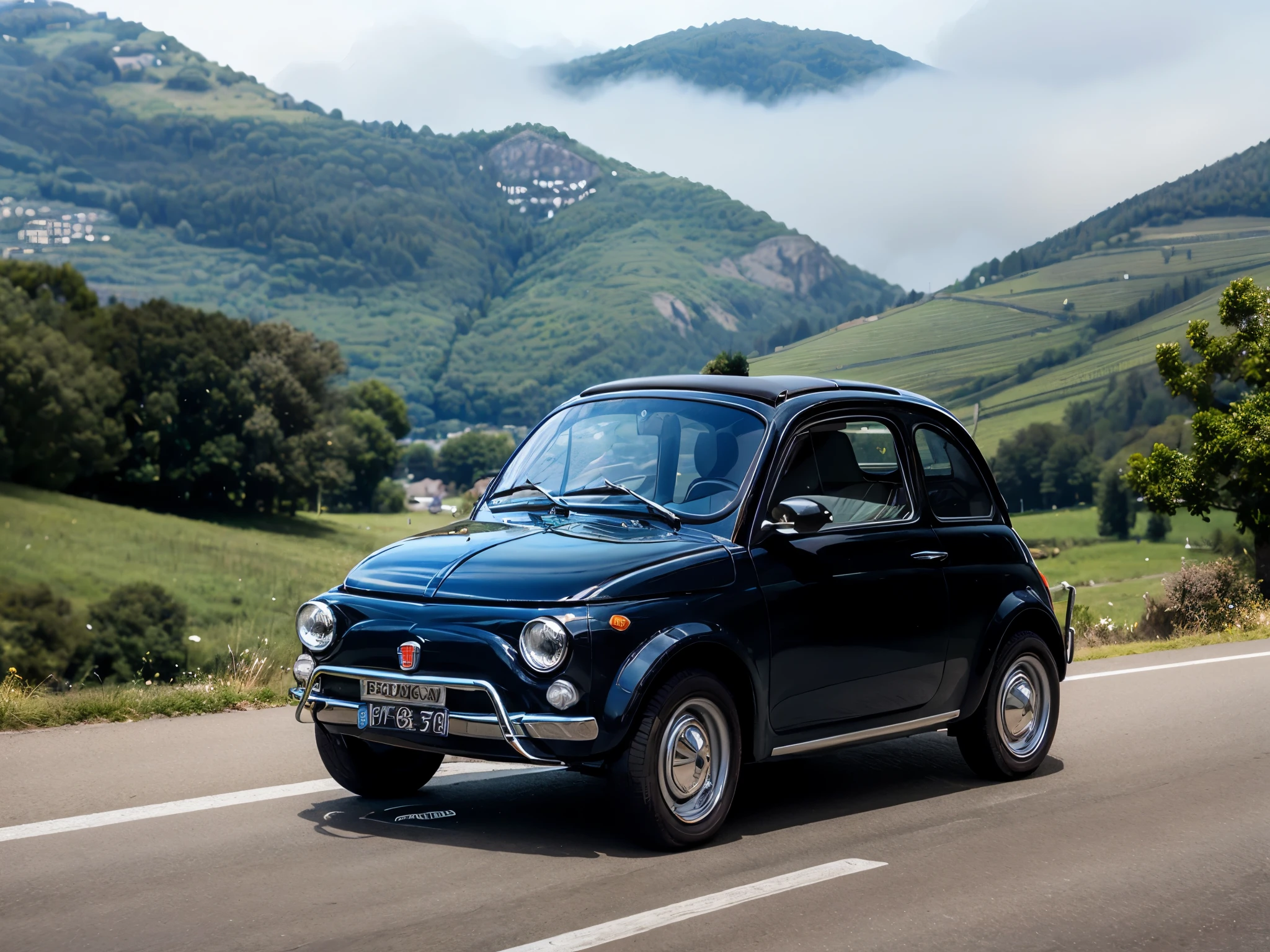 (FIAT500, classical old Italian Fiat 500 car), a woman sitting on top of a small yellow car on a mountain road, trees in background, visible speed car running down. people cheering all around the car. 