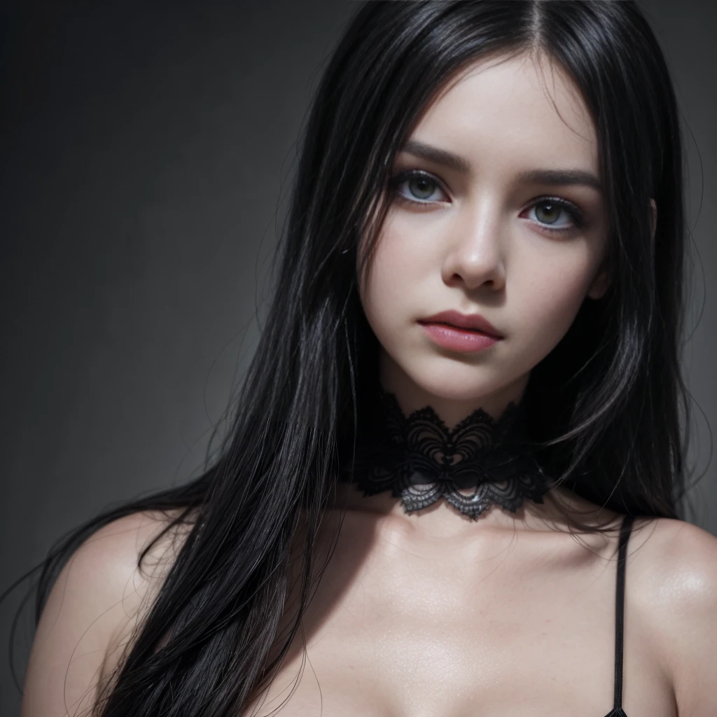 a gothic emo girl with dark intense eyes, beautiful piercing gaze, long eyelashes, detailed facial features, black hair, emotive expression, sexy pose, видна грудь 