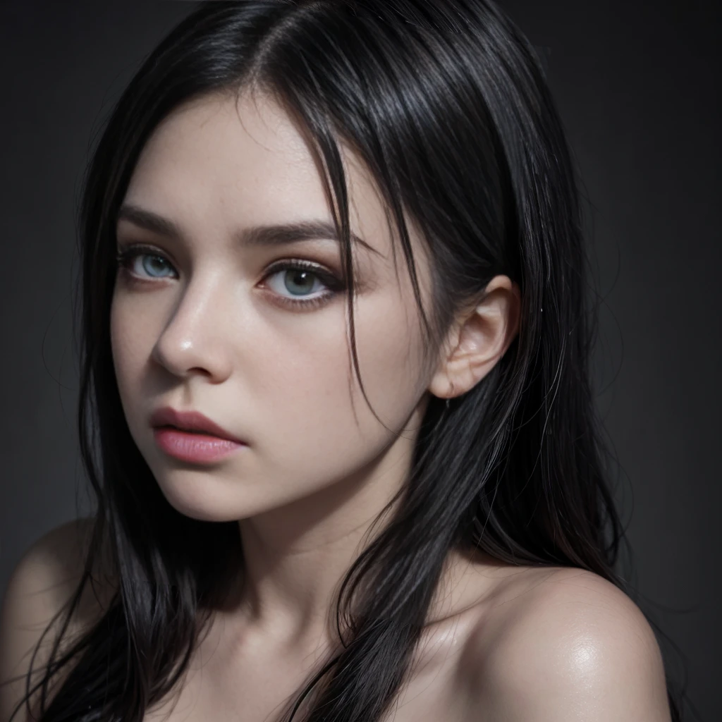 a gothic emo girl with dark intense eyes, beautiful piercing gaze, long eyelashes, detailed facial features, black hair, emotive expression, sexy pose, видна грудь