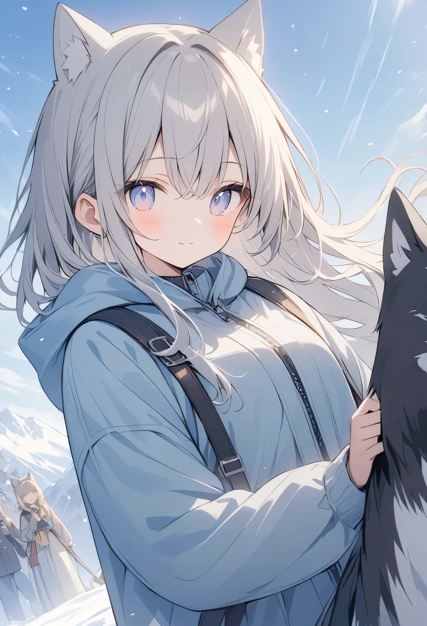 超High resolution, Attention to detail, high quality, High resolution, 最high quality, 4K, 8K, Awards、absurdes、Snow Mountain、Husky dog、Girl Dog Sledding、There is a snowstorm and visibility is poor.、Girl pulling a sled hard、Front view angle、A work with a positive vibe,(Snowwear),Pale colors
