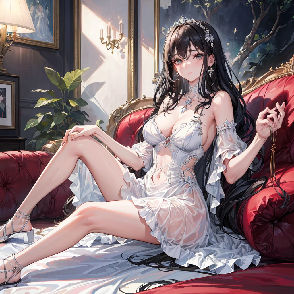 ((((absurdres, RAW photo, extremely delicate and beautiful, masterpiece, Best Quality, ultra high resolution, 32k, hyperrealistic, ultra-detailed)))), in her 20s, very Slim body, narrow waist, very small head, very small face, delicate facial features, beautiful face, beautiful eyes, very huge round tits, medium hair, black hair, wavy hair, tearful mole, earring, full body shot, off-the-shoulder cut top, sofa,
