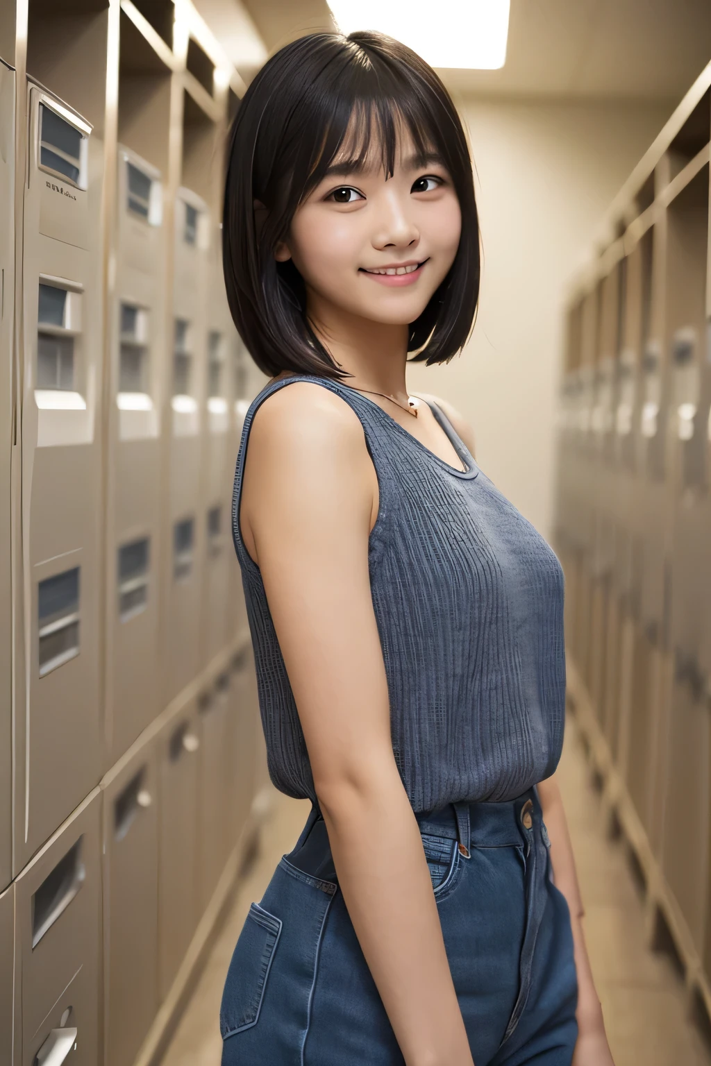 One girl,summer,Inside the room,locker room,Standing,Black Hair,Short Bob,Navy blue tank top,smile,6th grade elementary school,Honor student,Innocent,front,Small bulging lines on the chest,Look here,transparent,  Soft Light,(masterpiece, Highest quality), Structure of the film, Like a movie