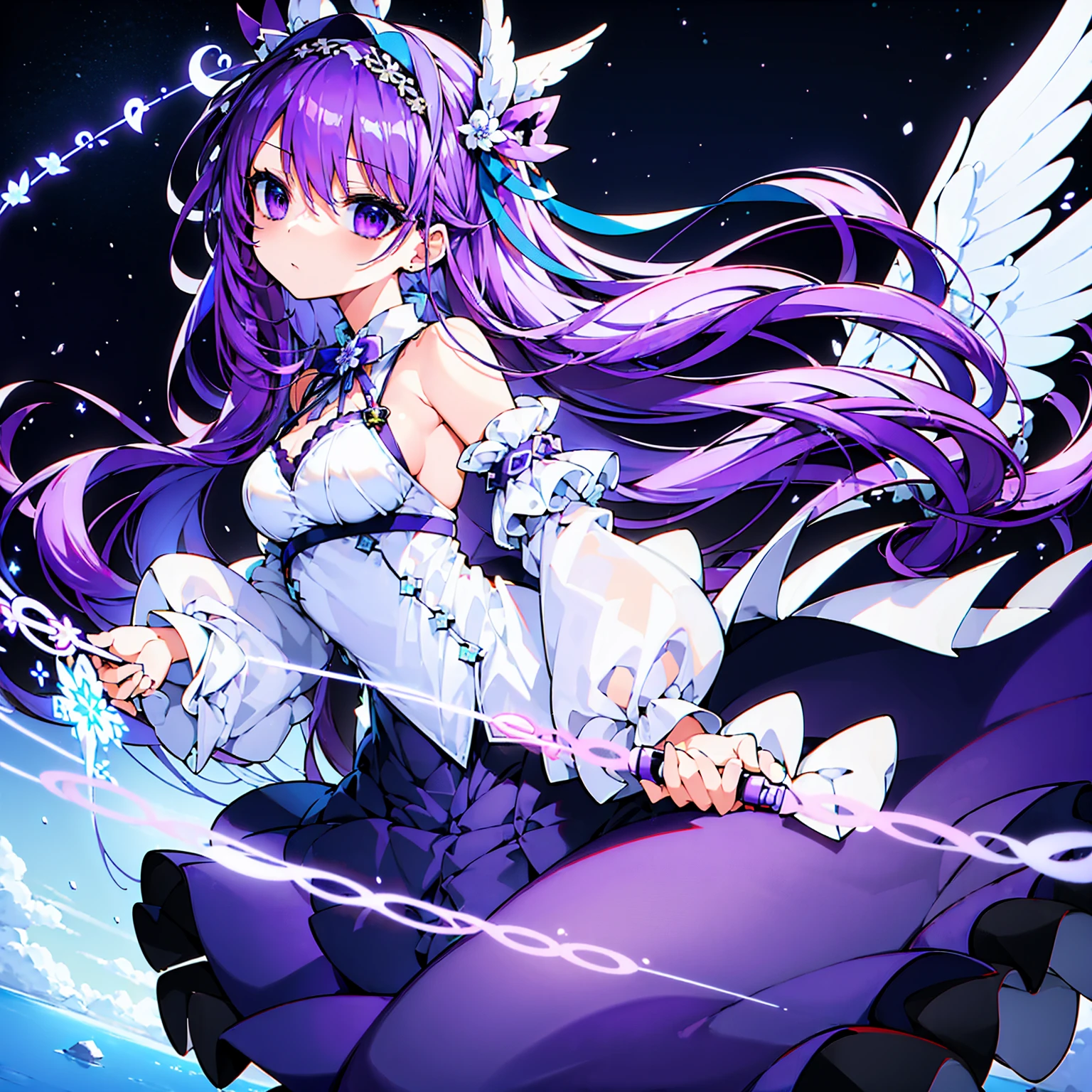((masterpiece, highest quality)),Best aesthetics,One girl, alone, flower, ribbon, white rose, Javelin (Azur Lane), purple hair, long hair, dark purple hairband, mechanical lance, light blue and red odd eyes, white, light blue and purple dress, transparent light blue arm ornament, lilac ribbon , small breasts,Only one side wing