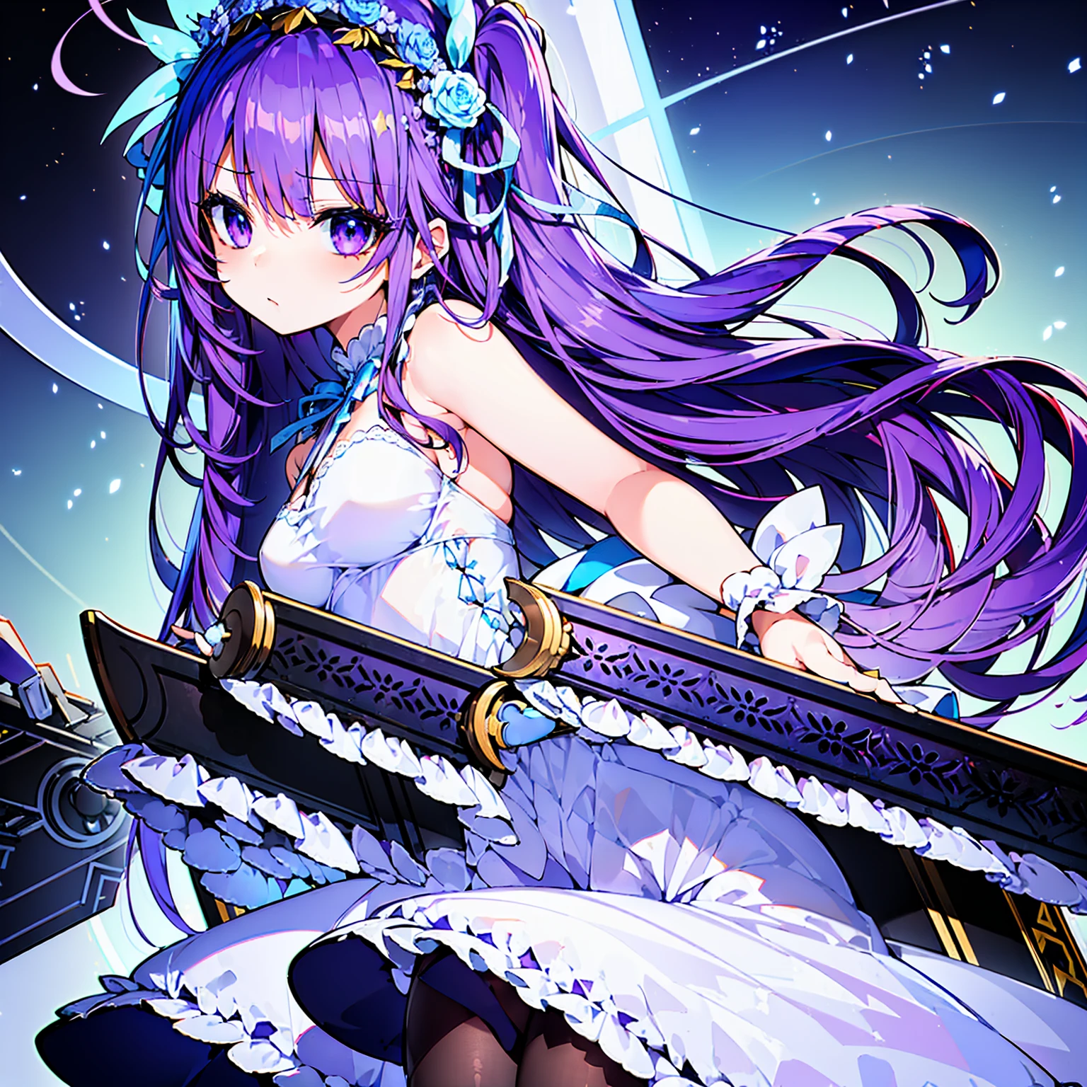 ((masterpiece, highest quality)),Best aesthetics,One girl, alone, flower, ribbon, white rose, Javelin (Azur Lane), purple hair, long hair, dark purple hairband, mechanical lance, light blue and red odd eyes, white, light blue and purple dress, transparent light blue arm ornament, lilac ribbon , small breasts,Only one side wing