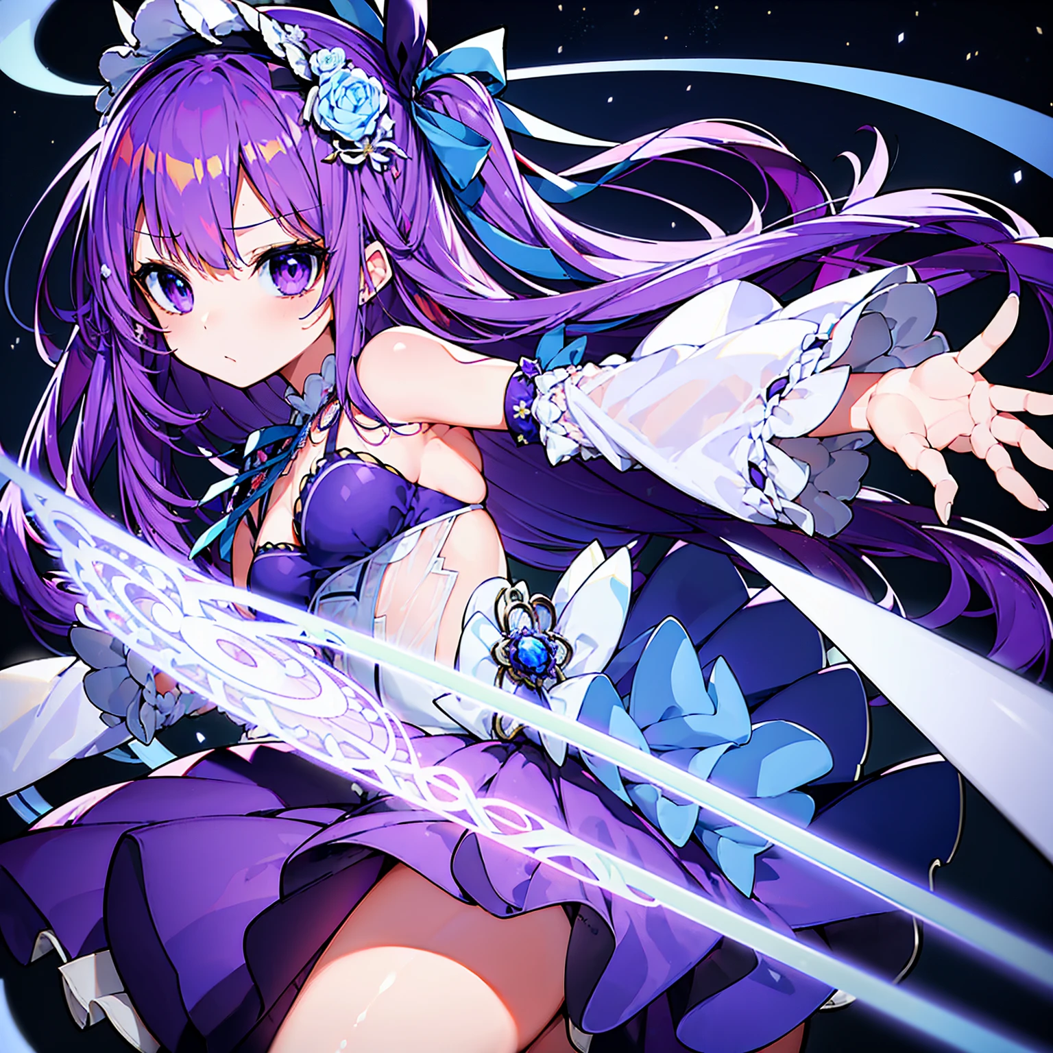 ((masterpiece, highest quality)),Best aesthetics,One girl, alone, flower, ribbon, white rose, Javelin (Azur Lane), purple hair, long hair, dark purple hairband, mechanical lance, light blue and red odd eyes, white, light blue and purple dress, transparent light blue arm ornament, lilac ribbon , small ,Only one side wing