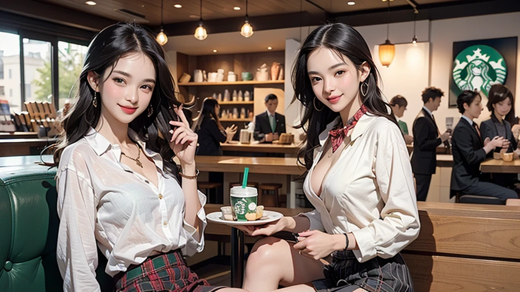8K、RAW Photos、Highest quality、Super detailed、Super Resolution、Ultra HD、8K壁紙、Amazing details blazer uniform girl ((White blouse with formal collar, A nice red blazer, Black plaid skirt, Red checkered ribbon on blouse)), Complete limbs, Full Finger, 
((((Inside the Starbucks store))))、 old female student、(((Eat cake、Drink coffee、smile)))、Heart Necklace、Gold bracelet
((Emphasize cleavage))
((((Woman sitting at the window seat))))
