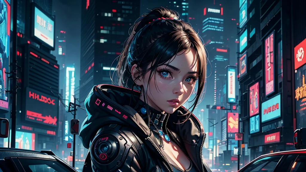 (masterpiece), (best quality), (very detailed), ((1 woman)), (cyberpunk), future city background, detailed eyes, Detailed nose, Detailed lips, perfect face, perfect body, Side face and upper body expression, Place a small person on the left side of the picture, movie poster, landscape