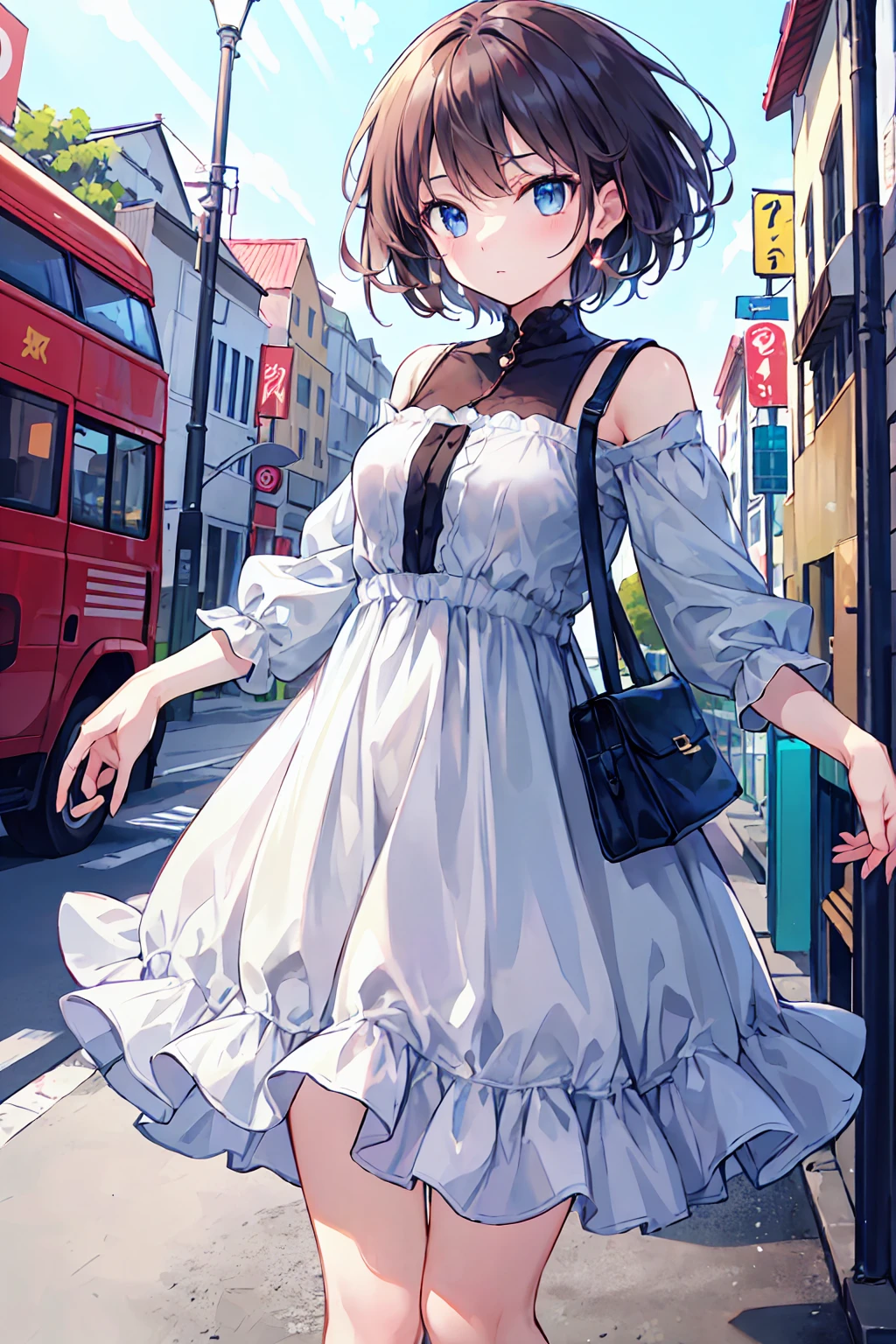 Highest quality, 1peopleの女の子, (skeindentation), (Small breasts:1.2), (blur bacけground:0.6), (street:1.2), (people々, crowd:1), garden, Day, Outdoor, (Casual yet stylish, Elegant fabric, high necけ dress:1.5), nice, (bangs, short hair:1.5), (Floating Hair:1.2), (Dynamic pose:1.2), Soft lighting, Wind, (Front light:1.5),  makeeup, 