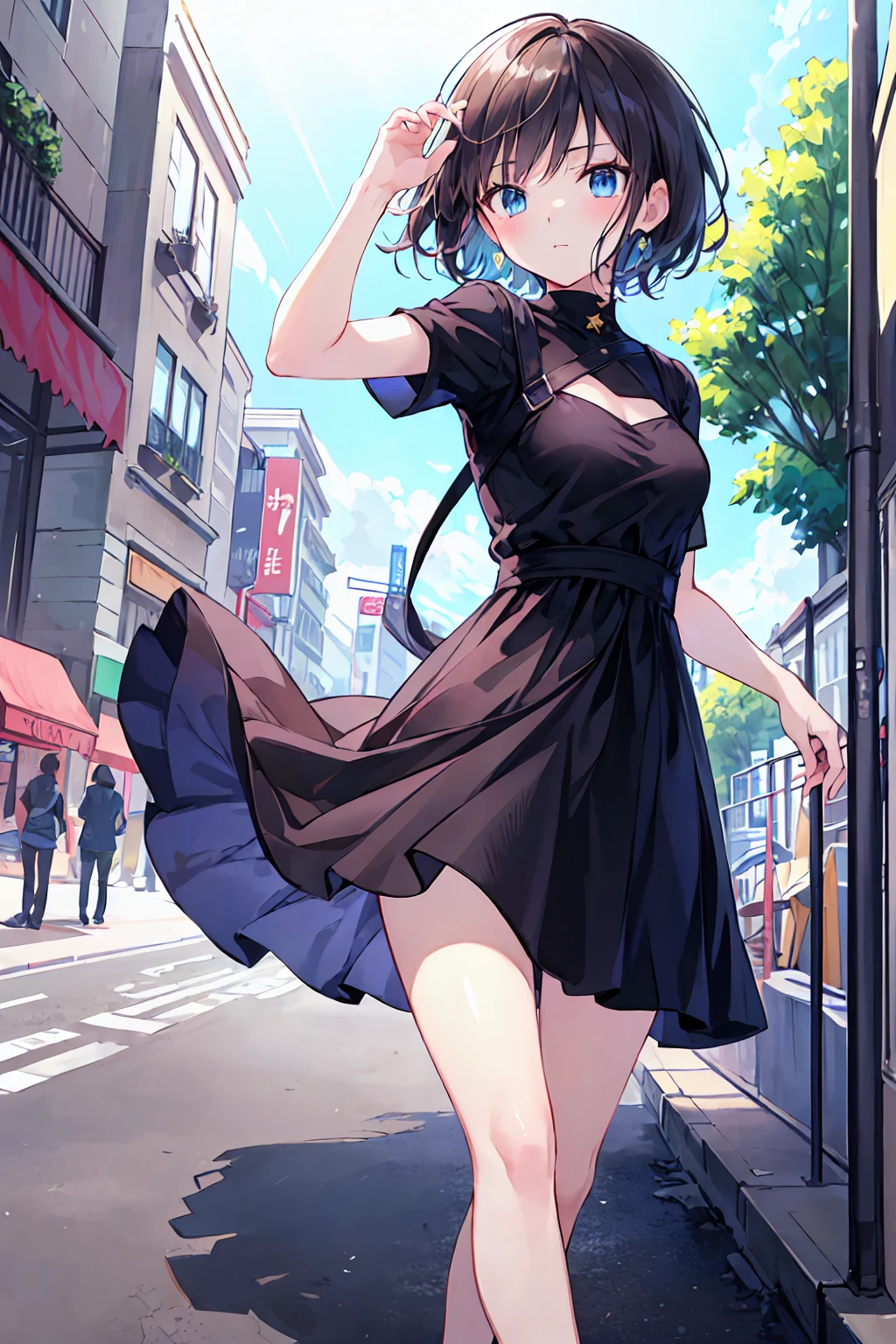 Highest quality, 1peopleの女の子, (skeindentation), (Small breasts:1.2), (blur bacけground:0.6), (street:1.2), (people々, crowd:1), garden, Day, Outdoor, (Casual yet stylish, Elegant fabric, high necけ dress:1.5), nice, (bangs, short hair:1.5), (Floating Hair:1.2), (Dynamic pose:1.2), Soft lighting, Wind, (Front light:1.5), makeeup,