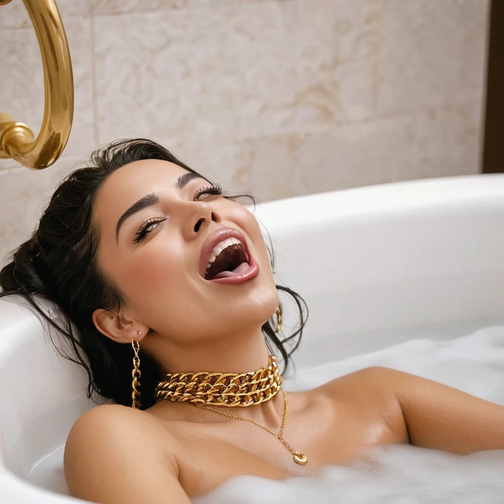In this image, we see a woman laying in a bathtub with her tongue playfully sticking out. The woman appears relaxed and carefree as she enjoys her time in the tub. She has a gold chain around her neck and a piercing on her face, adding to her unique style. The setting is cozy and inviting, with warm tones and a comfortable atmosphere. The woman''s expression is fun and lighthearted, creating a sense of joy and playfulness. Overall, the image conveys a sense of relaxation and self-expression in a private moment of indulgence.