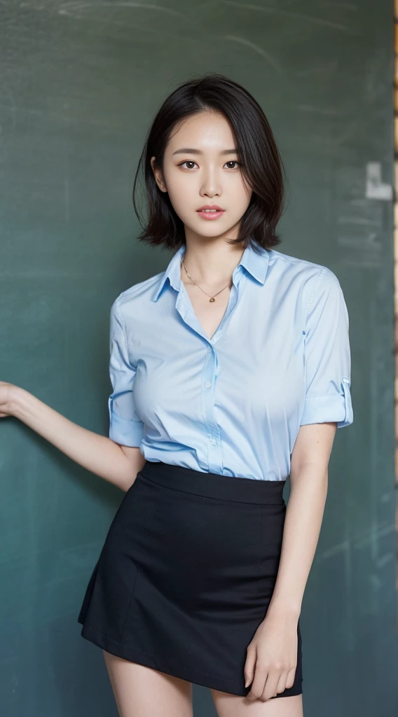 (Highly detailed CG Unity 8k wallpaper)、(masterpiece)、(Highest quality)、(Super detailed)、(Best illustrations)、(Best Shadow)、Ultra-high resolution、(Real、Photorealistic:1.2)、(student teacher:1.4)、messy short hair、(Large Breasts:1.4)、(A neat shirt and a tight skirt:1.4)、((Stand in front of the blackboard:1.4))、(School classroom:1.4)、(Cute Necklace:1.2)、Puffy eyes、Close-up、Cloudy soft light、(Half Body:1.4)