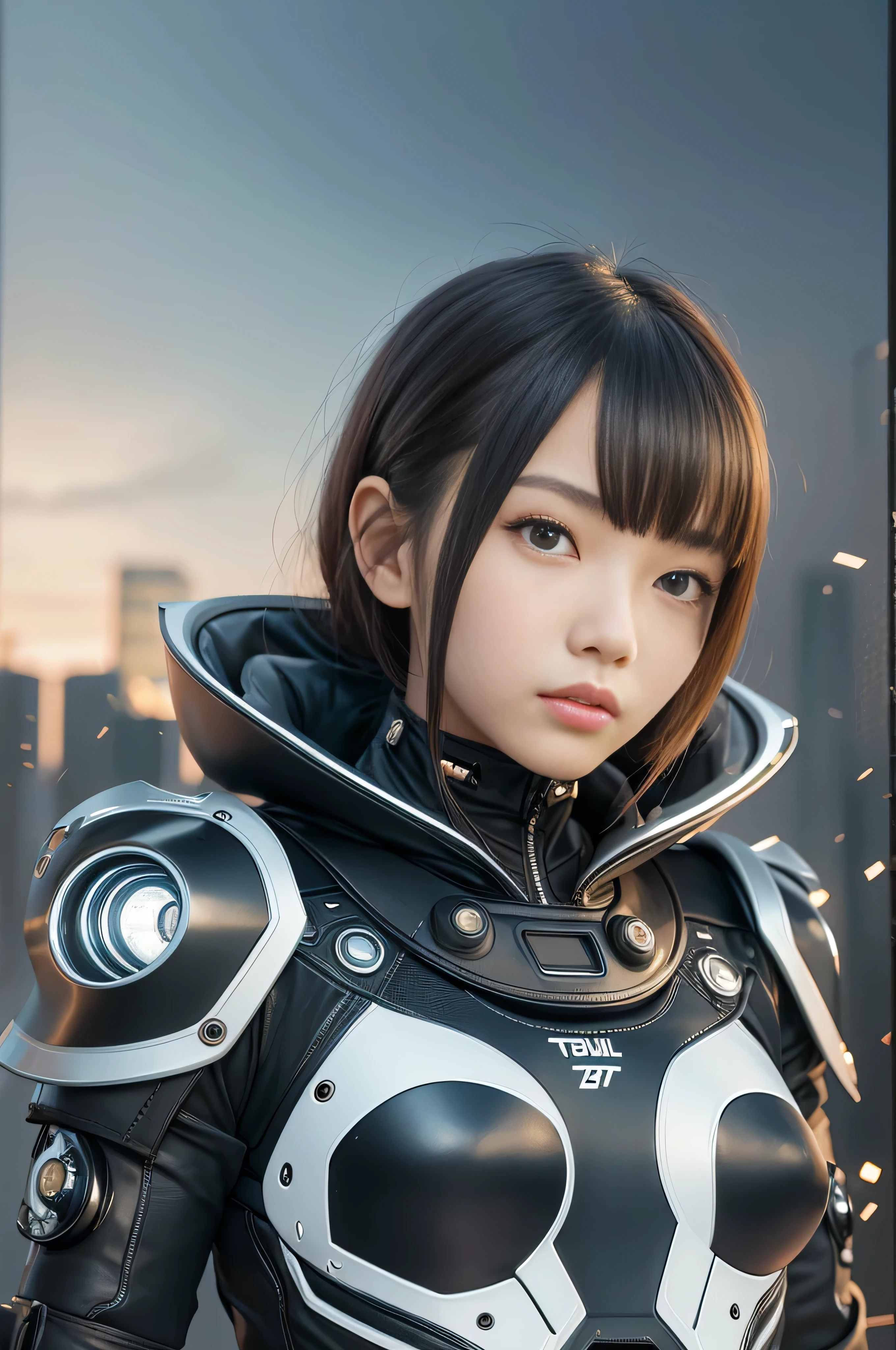 high quality, masterpiece, Two close friends, Beautiful teenage girl, skinny, small skinny girls, Cute girl face, You can see the bare skin next to her breasts, cyber punk, Wearing futuristic robotic tactical armor cyber punk suit with cutouts showing abs, An athletic body, Innocent, Playful, Famous Japanese actresses, Very beautiful face