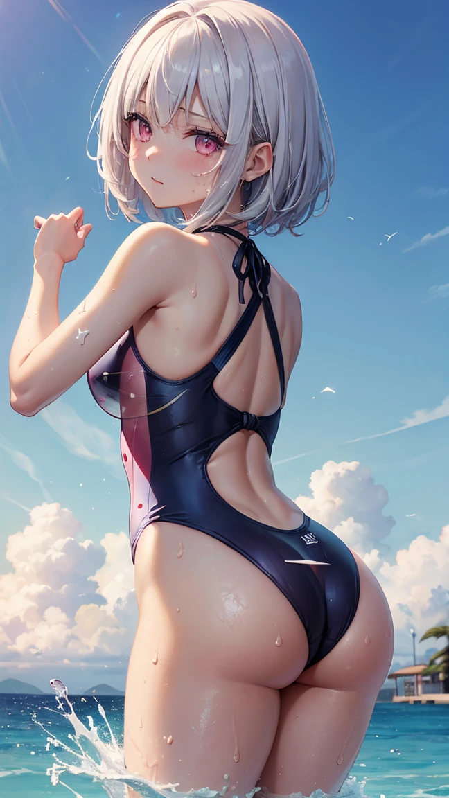 High resolution, Highest quality, super high quality, Ultra-detailed, Cinematic lighting、(四つん這いのButt:1.5)、squat、woman 、(A swimsuit with thin and transparent fabric:1.5)、Bobcut、White Hair、Pink eyes、Beautiful Skin、Beautiful Face、Embarrassing、Beautiful Eyes、Sweaty、Sweat、Butt、完璧なButt、