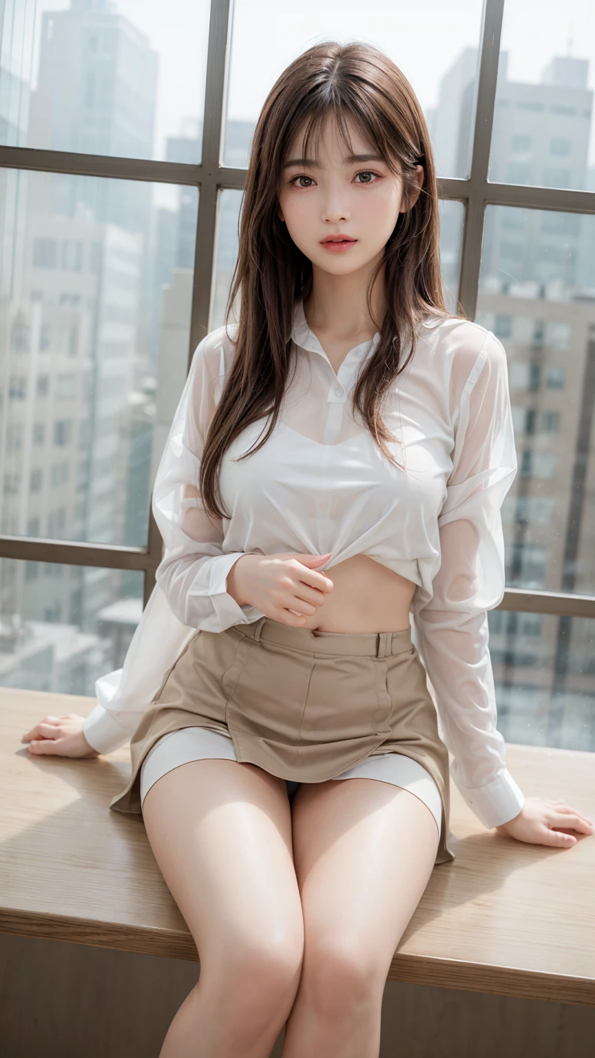 8K, Highest quality, masterpiece, Ultra-high resolution, (Realistic:1.4), whole body、RAW Photos, ((Long brown straight hair, See-through bangs))), Beautiful Details 1 Girl, (Realistic:1.4), High-resolution RAW color photos, Professional photos, Highly detailed eyes and face, Natural light, Facial details, White skin, Shiny skin, Tight waist, Small Ass, Thin legs,Natural Breasts, Nice body, cafeteria、((White oversized shirt、Ultra mini skirt ))、Young round face、Use both hands to spread your thighs outward、Beautiful toes、Spilling water on clothes