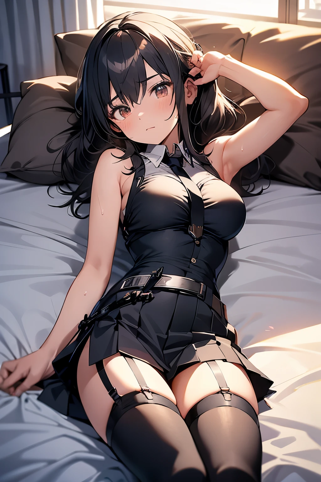 Gazing at the audience　　　Black suspenders　　　bulging big breasts　　 　 　　　wall 　mini skirt　garterbelt　garter　　　　　　vision　　　Small face　 　　　holster　　　Beautiful woman　　Show me your hands　　 Lying in bed　　vision 　　Taunt　~ side　~ side汗 　arm　　belt　summer　Armpit sweat waiting to start