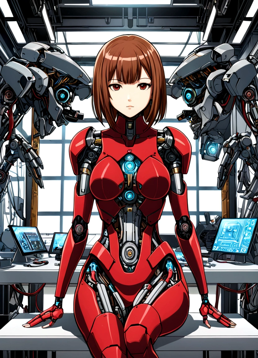 “A detailed illustration of Honami, a cyborg ninja girl, being disassembled and repaired in a high-tech workshop. She has brown straight hair with bangs and is wearing a tight, modernized ninja outfit predominantly red with metallic accents. Her entire body, except for her face and chin, is metallic and mechanized with visible red cybernetic enhancements. Honami’s human face shows a calm expression as advanced tools and robotic arms work on her cybernetic parts. The background is a futuristic workshop filled with high-tech equipment, tools, and holographic displays. The scene is drawn in a manga style with bold lines and detailed shading, emphasizing the contrast between her human and cyborg elements.”