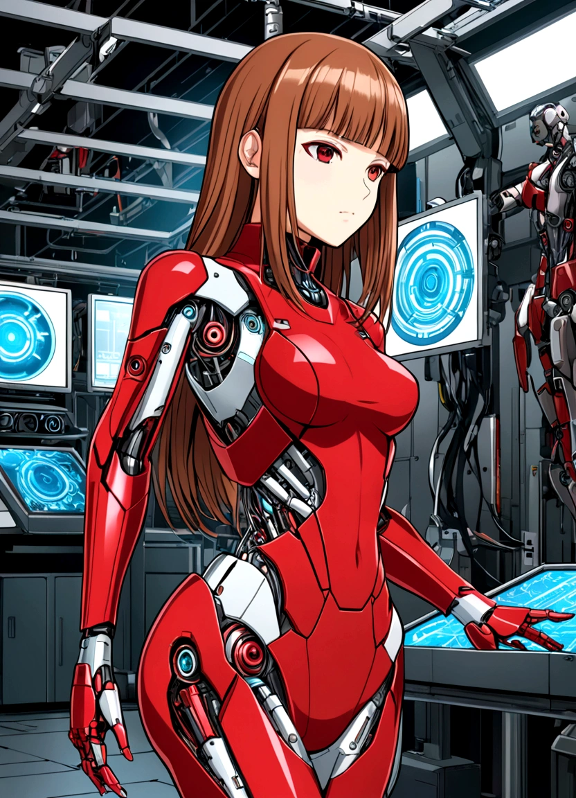 “A detailed illustration of Honami, a cyborg ninja girl, being disassembled and repaired in a high-tech workshop. She has brown straight hair with bangs and is wearing a tight, modernized ninja outfit predominantly red with metallic accents. Her entire body, except for her face and chin, is metallic and mechanized with visible red cybernetic enhancements. Honami’s human face shows a calm expression as advanced tools and robotic arms work on her cybernetic parts. The background is a futuristic workshop filled with high-tech equipment, tools, and holographic displays. The scene is drawn in a manga style with bold lines and detailed shading, emphasizing the contrast between her human and cyborg elements.”