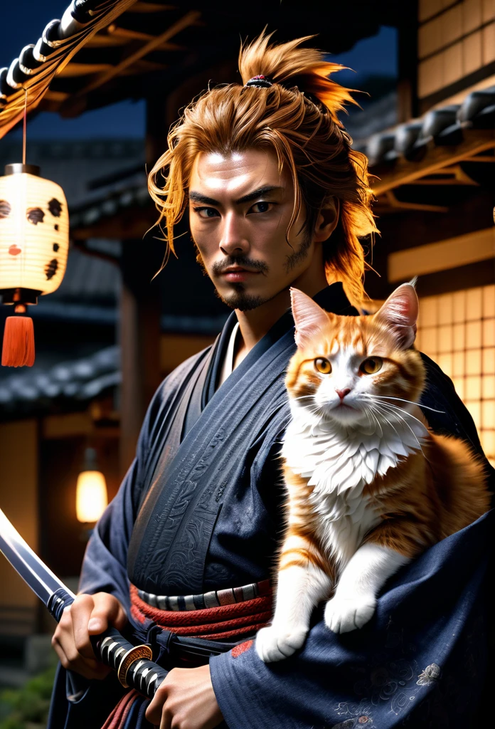 A Rogue samurai [Himura Kenshin:Takeru Satoh:0.1], detailed face, detailed hair, with a content face, sharpens his katana sword, beside him is big ginger mainecoon cat with beautiful fur, watch him with full caution, they both in a traditional Edo Era peasant house, insanely intricate detailed scene background, night lighting with lampions and torch, realistic style, best quality, masterpiece, ultrasharp focus, ultrahigh resolution, 8k, Midjourney 6 Aesthetic