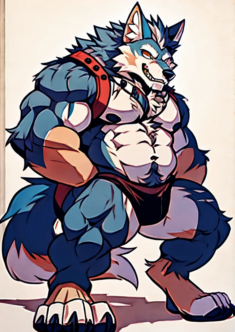 Human-wolf,musculous,Hairy all over,clawed paws,erect through
