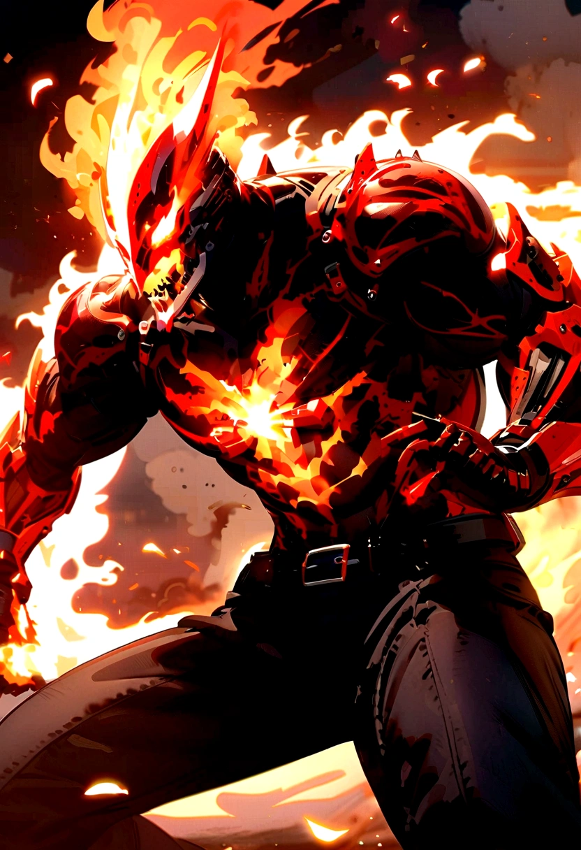 Gojo Satoru merged with Ghost Rider, looks ahead, more red, more details, Red eyes, pump the blow