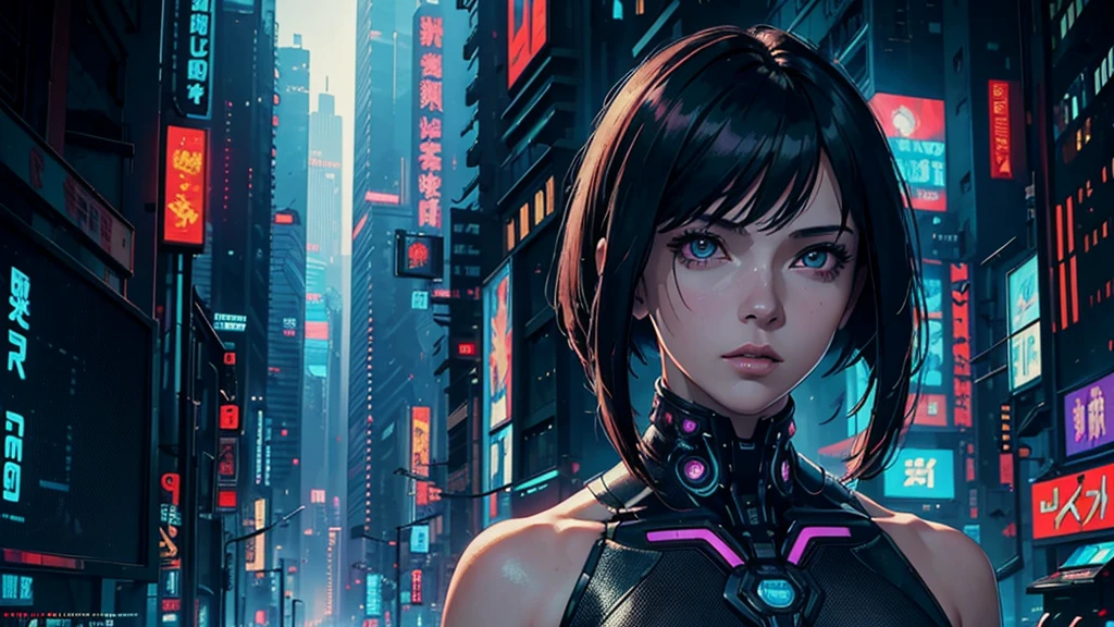 (masterpiece), (best quality), (very detailed), ((1 woman)), (cyberpunk), future city background, ghost in the shell, detailed eyes, Detailed nose, Detailed lips, perfect face, perfect body, Side face and upper body expression, Place a small person on the left side of the picture, movie poster, landscape