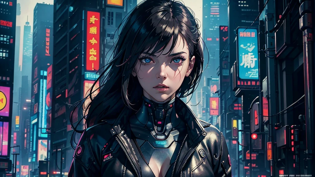 (masterpiece), (best quality), (very detailed), ((1 woman)), (cyberpunk), future city background, ghost in the shell, detailed eyes, Detailed nose, Detailed lips, perfect face, perfect body, Side face and upper body expression, Place a small person on the left side of the picture, movie poster, landscape