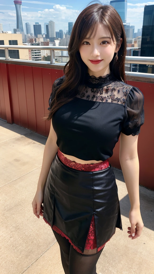 highest quality, masterpiece, 8K, ultra high resolution, (realistic: 1.4), 1 girl, beautiful face, symmetrical eyes, Japanese, smile, brown hair, perfect body proportions, full body, smile , large breasts, high heels, wearing makeup , pantyhose, (tight laced fabric blouse), ((red lace fabric blouse)), ((silk black color skirt)), ((tight fitting skirt )), (laced short sleeve) , rooftop, model pose , (legs shown: 1.4)