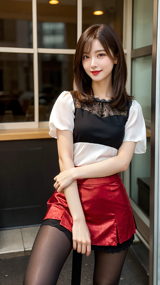 highest quality, masterpiece, 8K, ultra high resolution, (realistic: 1.4), 1 girl, beautiful face, symmetrical eyes, Japanese, smile, brown hair, perfect body proportions, full body, smile , large breasts, high heels, wearing makeup , pantyhose, (tight laced fabric blouse), ((red lace fabric blouse)), ((silk black color skirt)), ((tight fitting skirt )), (laced short sleeve) , rooftop, model pose , (legs shown: 1.4)