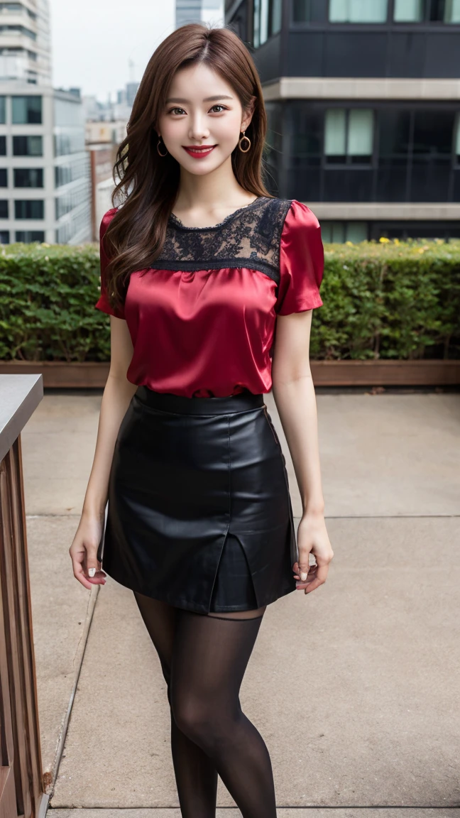 highest quality, masterpiece, 8K, ultra high resolution, (realistic: 1.4), 1 girl, beautiful face, symmetrical eyes, Japanese, smile, brown hair, perfect body proportions, full body, smile , large breasts, high heels, wearing makeup , pantyhose, (tight laced fabric blouse), ((red lace fabric blouse)), ((silk black color skirt)), ((tight fitting skirt )), (laced short sleeve) , rooftop, model pose , (legs shown: 1.4)