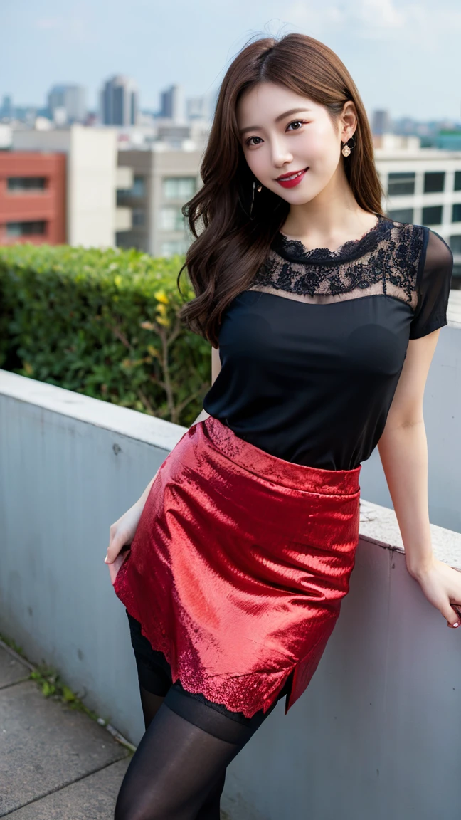 highest quality, masterpiece, 8K, ultra high resolution, (realistic: 1.4), 1 girl, beautiful face, symmetrical eyes, Japanese, smile, brown hair, perfect body proportions, full body, smile , large breasts, high heels, wearing makeup , pantyhose, (tight laced fabric blouse), ((red lace fabric blouse)), ((silk black color skirt)), ((tight fitting skirt )), (laced short sleeve) , rooftop, model pose , (legs shown: 1.4)